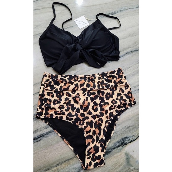 Grace Tempt Black Leopard High Waisted Bikini Large NWT - Picture 2 of 9
